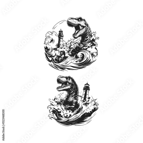 T-Rex rampages in the ocean design vector template illustration