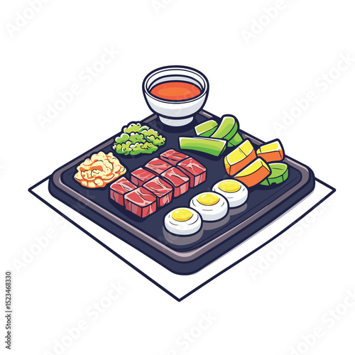 Korean food set with beef and vegetables