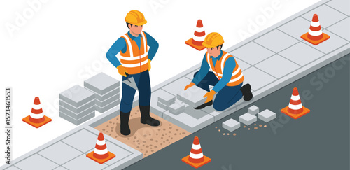 Two construction workers fixing broken sidewalk tiles with tools and safety gear during pavement maintenance in urban area isometric cartoon