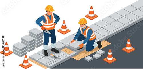 Two construction workers fixing broken sidewalk tiles with tools and safety gear during pavement maintenance in urban area isometric cartoon