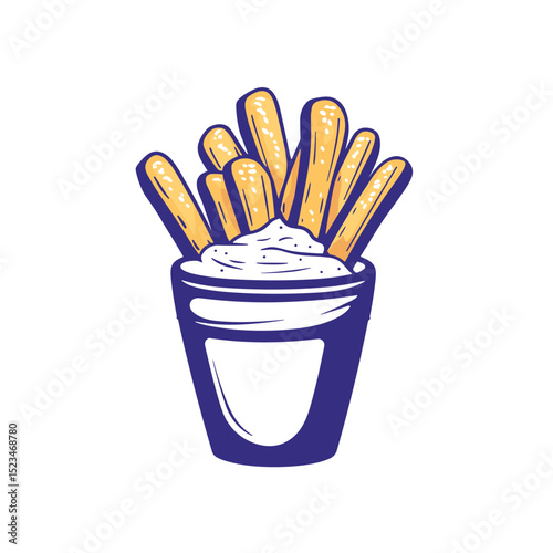 Snack with dip: crunchy sticks and creamy sauce