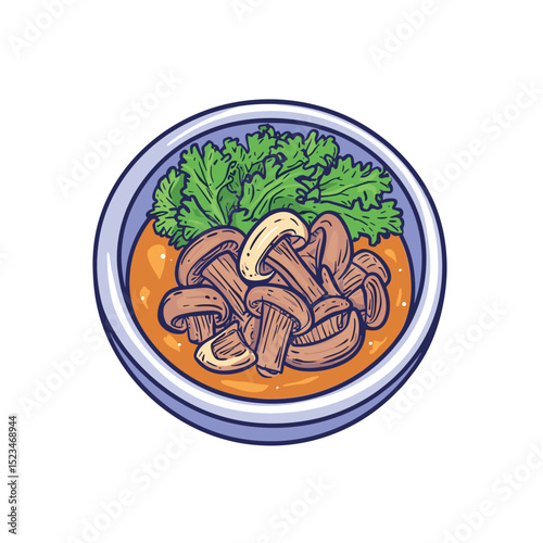 Mushroom soup bowl with green lettuce salad