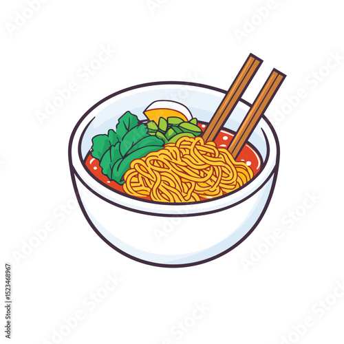 Noodle bowl with broth egg and chopsticks