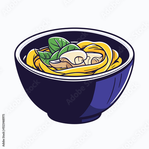 Noodle bowl with mushrooms and spinach garnish