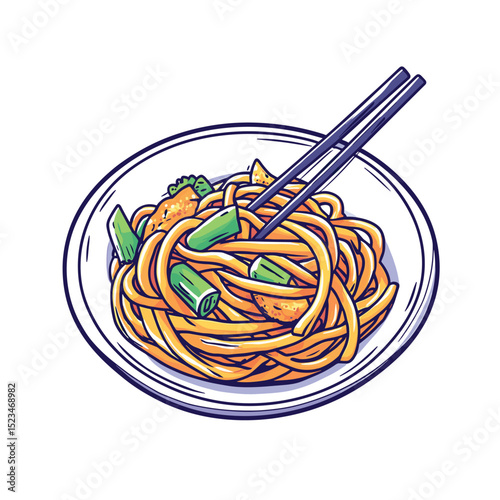 Noodle dish with chopsticks and green vegetables