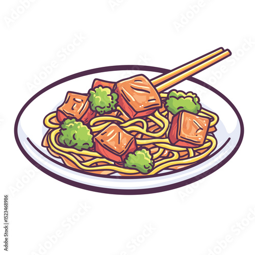 Noodle dish with tofu and broccoli meal