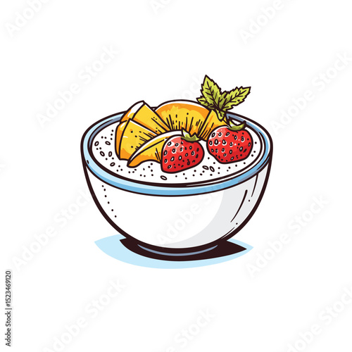 Oatmeal bowl with fresh strawberry and mango