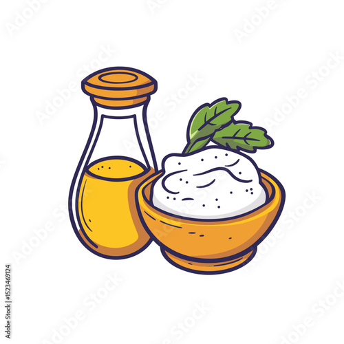 Oil bottle with bowl cream and leaf