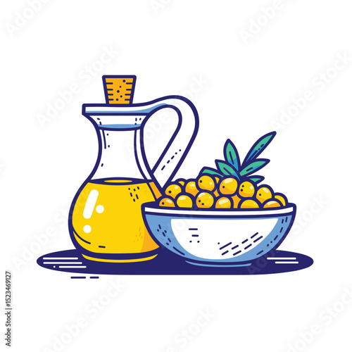 Oil decanter and bowl with fruits still life