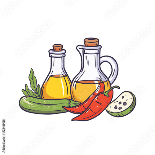 Oil bottles with zucchini, peppers, and squash