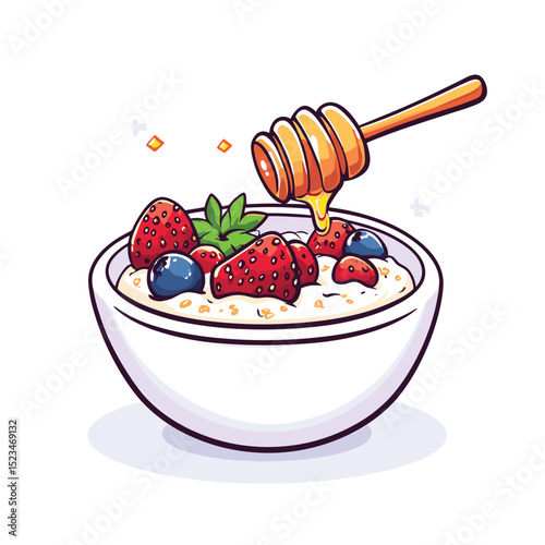 Oatmeal bowl with strawberries, blueberries, honey