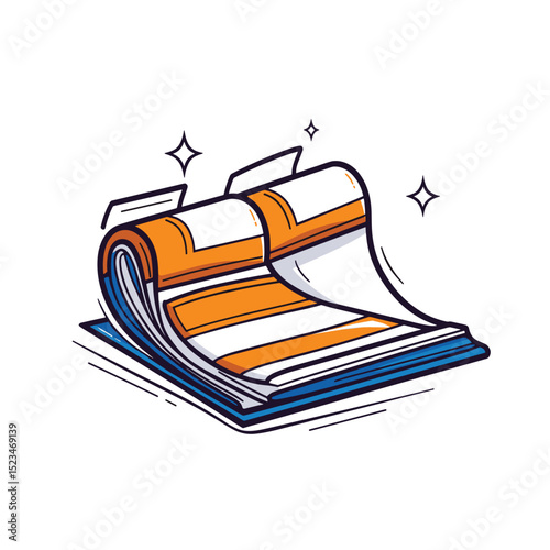 Open book pages with orange content and sparkling