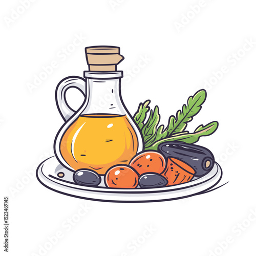 Olive oil with olives and green leaves