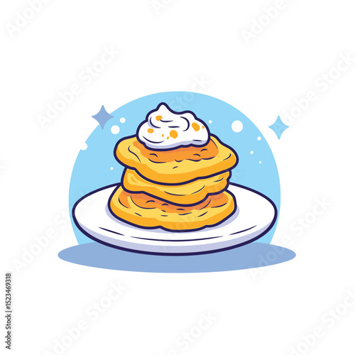 Pancakes stack with cream topping on plate