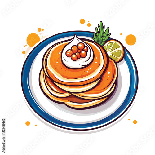 Pancakes with caviar cream and lime on plate
