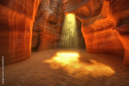 Canyon Light Sunlight floods a sculpted canyon interior, casting shadows on sandy floor
