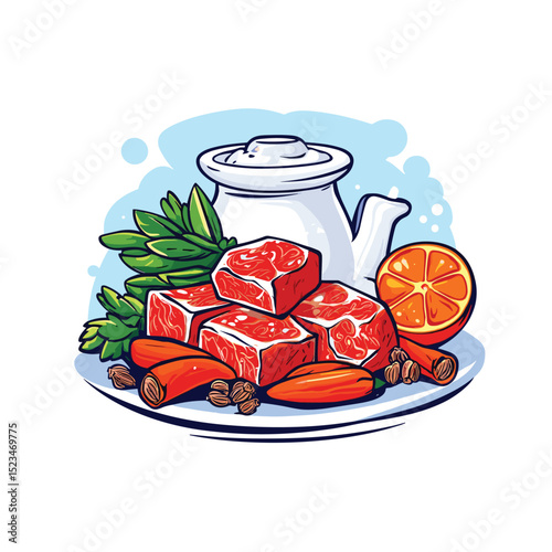 Plate with meat orange herbs and tea