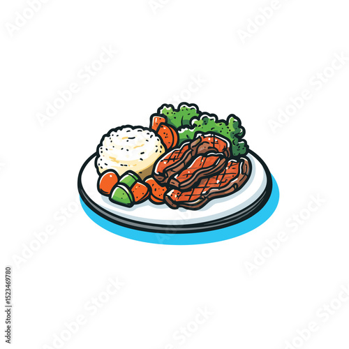 Plate with teriyaki meat rice and vegetables