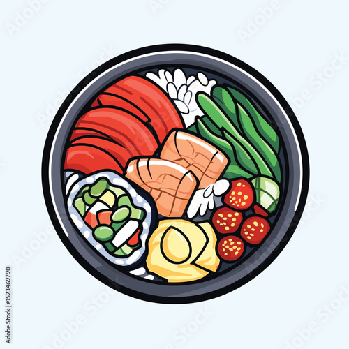 Poke bowl food ingredients meal top view