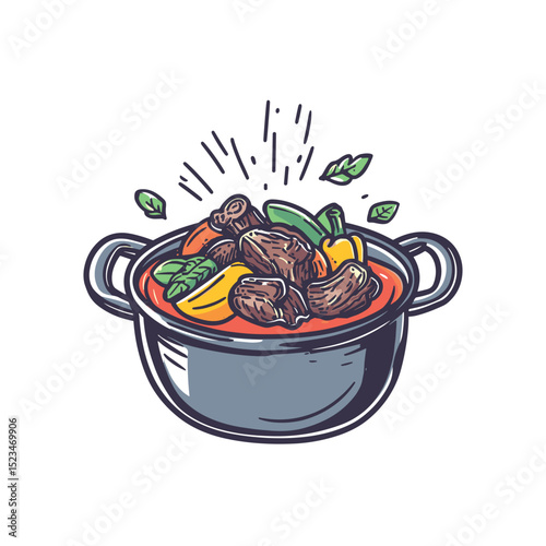 Pot of stew with meat and vegetables