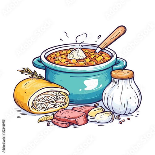 Pot of soup ingredients fresh food cooking