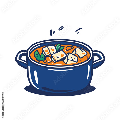 Pot of savory tofu stew with greens