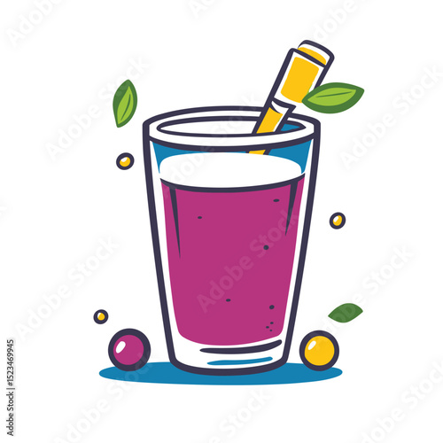 Purple drink in glass with leaves and straw