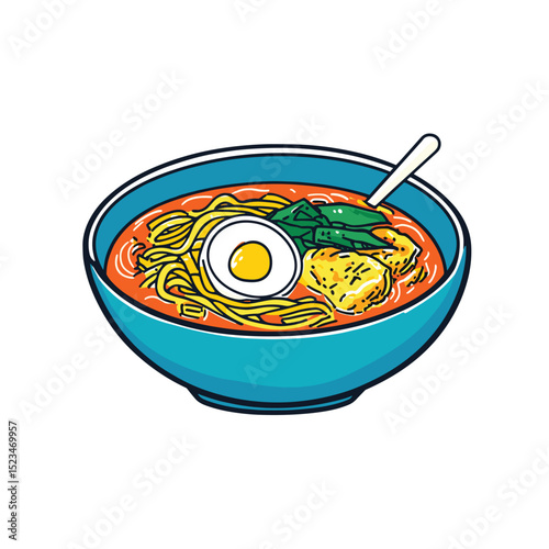 Ramen bowl noodle dish with egg and spoon