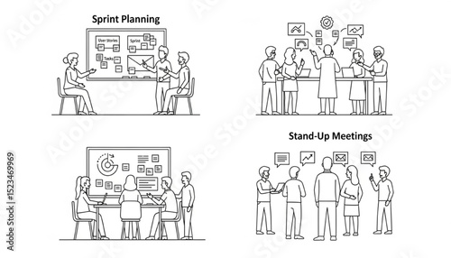 Sprint Planning and Stand-Up Meetings Sketch Illustration | Teamwork Collaboration in Agile Software Development for Presentations, Project Management, and Business Communication