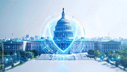 U.S. Capitol building protected by digital shield and network, symbolizing government cybersecurity.