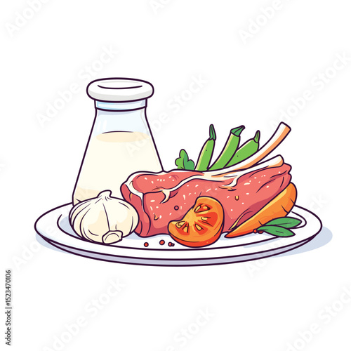 Raw meat with garlic milk and vegetables plate