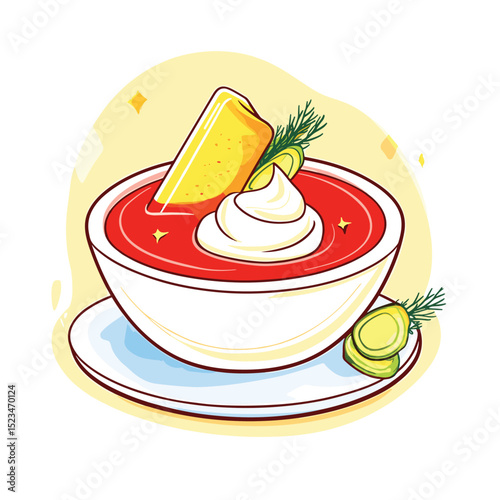 Red soup sour cream bread dill food concept