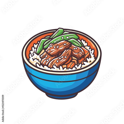 Rice bowl with meat and green vegetables