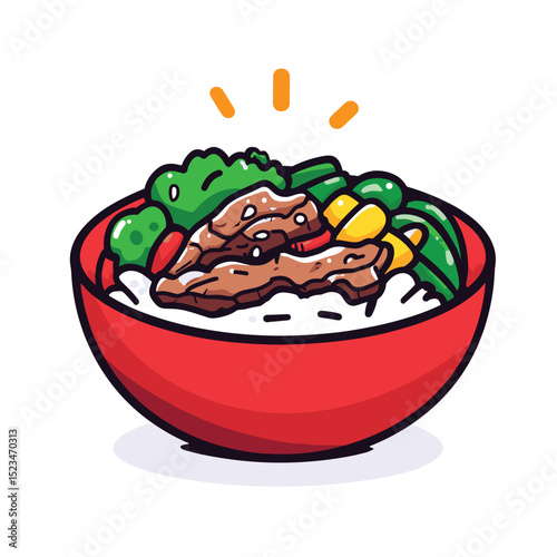 Rice bowl with meat and fresh vegetables
