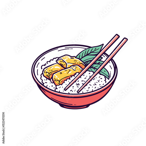 Rice bowl with tofu and chopsticks snack
