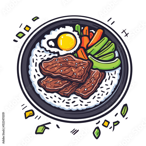 Rice bowl with meat, egg, and vegetables