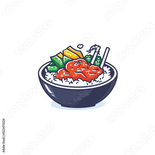 Rice bowl with vegetables and red sauce meal