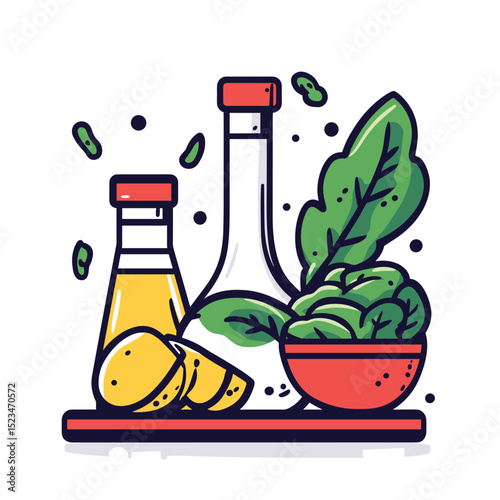 Salad preparation concept with lemon, oil, and bowl