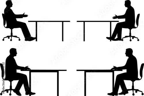 vector silhouette of a man and a woman at a table negotiating on a white background
