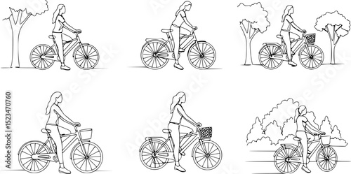 Single continuous line drawing of Woman resting sitting on her bicycle in the park. Dynamic single line draw design graphic vector illustration.
