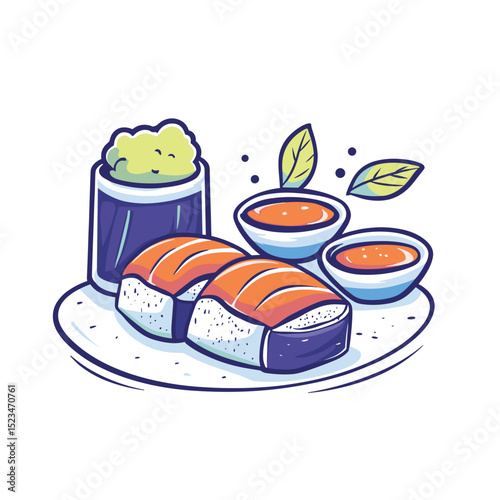 Salmon sushi with wasabi and soy sauce