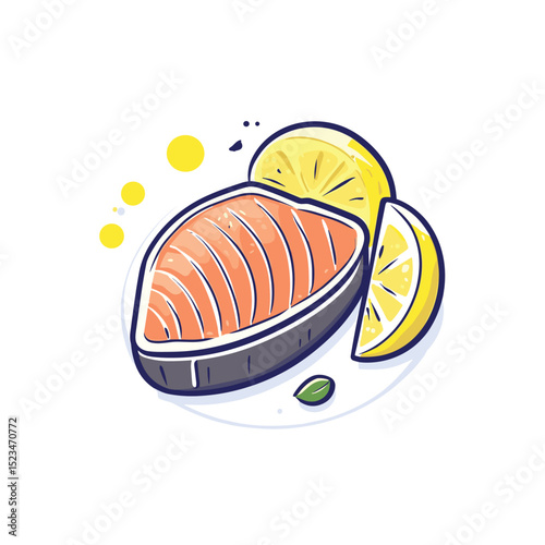 Salmon steak with lemon food product concept