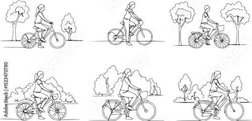 Single continuous line drawing of Woman resting sitting on her bicycle in the park. Dynamic single line draw design graphic vector illustration.
