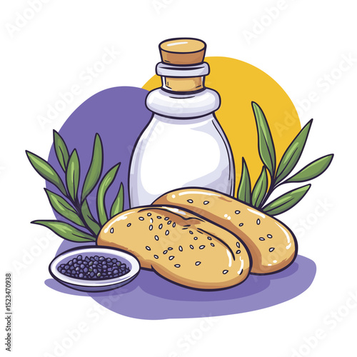 Sesame seeds oil and buns food concept