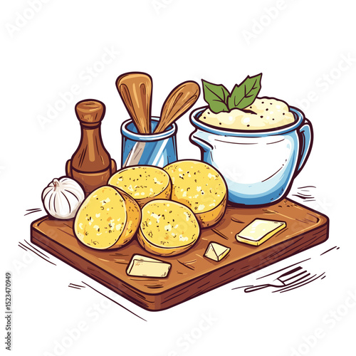 Served potatoes with garlic and wooden utensils