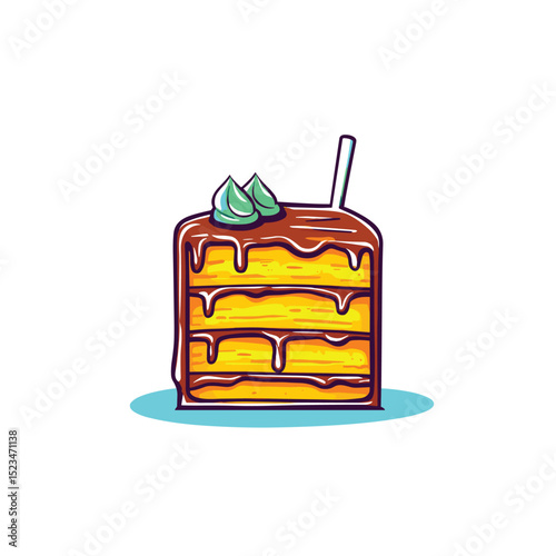 Slice cake piece with cream chocolate topping