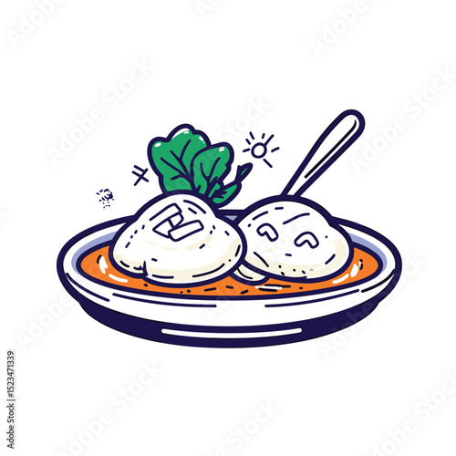 Soup bowl with dumplings and greens drawing