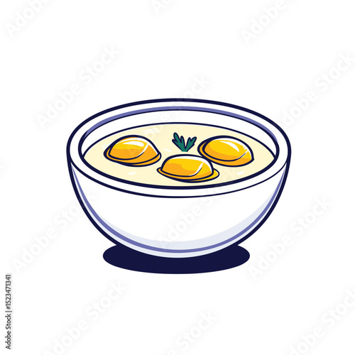 Soup bowl with dumplings and green garnish