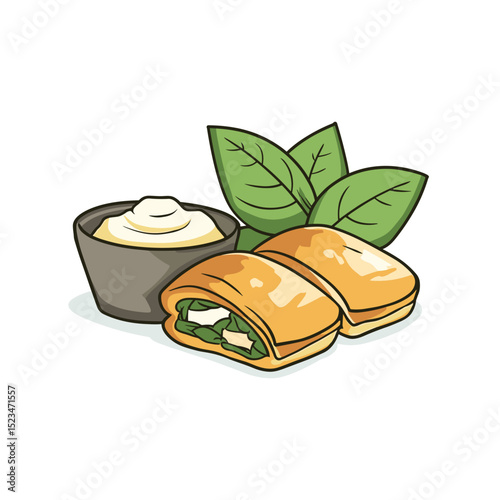 Spanakopita pastry appetizer with leaves and sauce