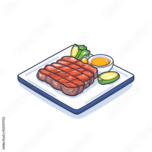 Steak meal with sauce and vegetable on plate